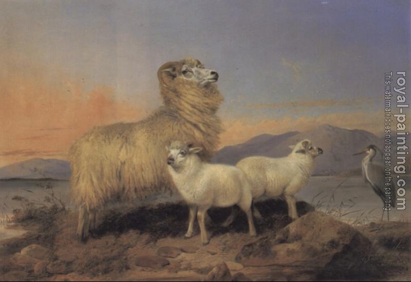 Richard Ansdell : A Ewe with Lambs and a Heron Beside a Loch